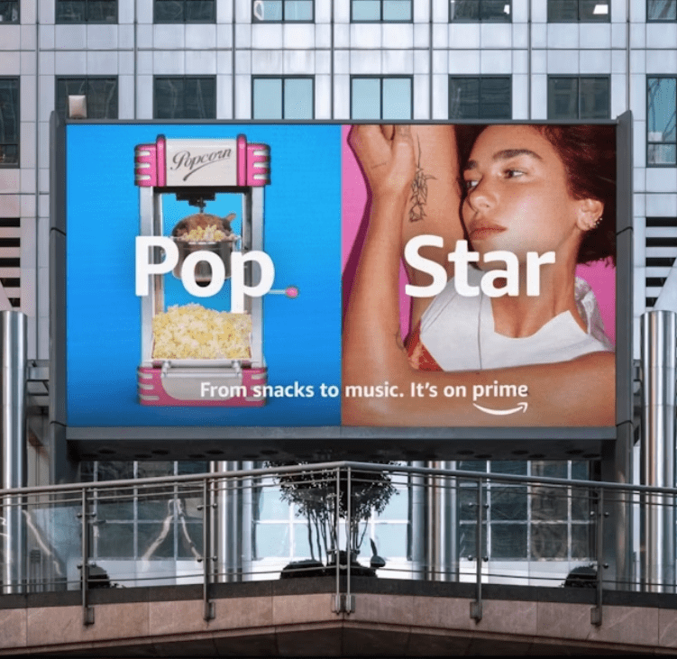 Dua Lipa on a billboard, 'It's On Prime' out-of-home campaign