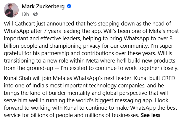 Meta Names Kunal Shah As New Global Head Of WhatsApp